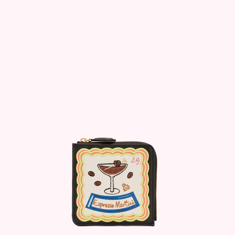Black leather zip-around wallet with embroidered espresso martini design.