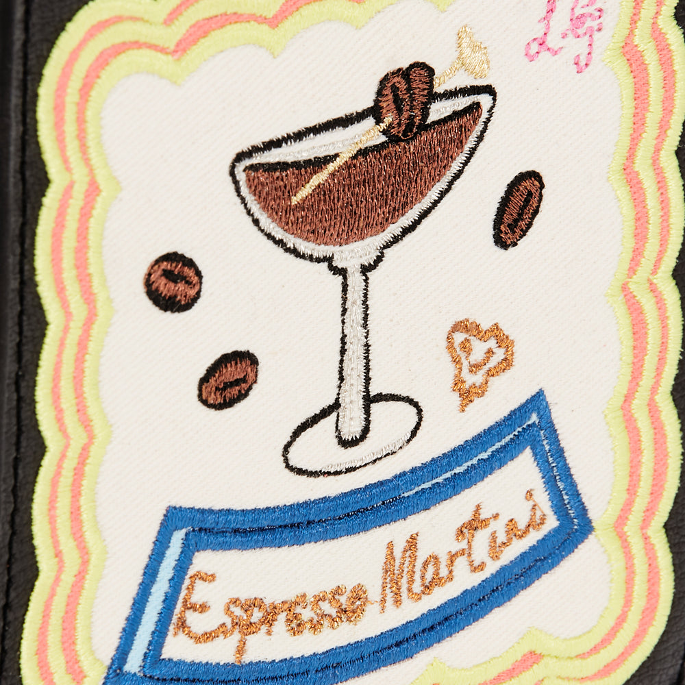 Embroidered patch on black background featuring an espresso martini with coffee beans, text reading "Espresso Martini" in a colorful frame.