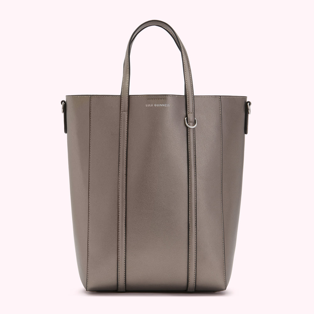 A taupe Lulu Guinness tote bag with silver-toned hardware.
