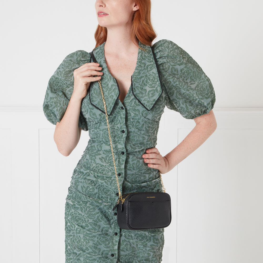BLACK SNAKE EMBOSSED LEATHER CLARA CROSSBODY BAG