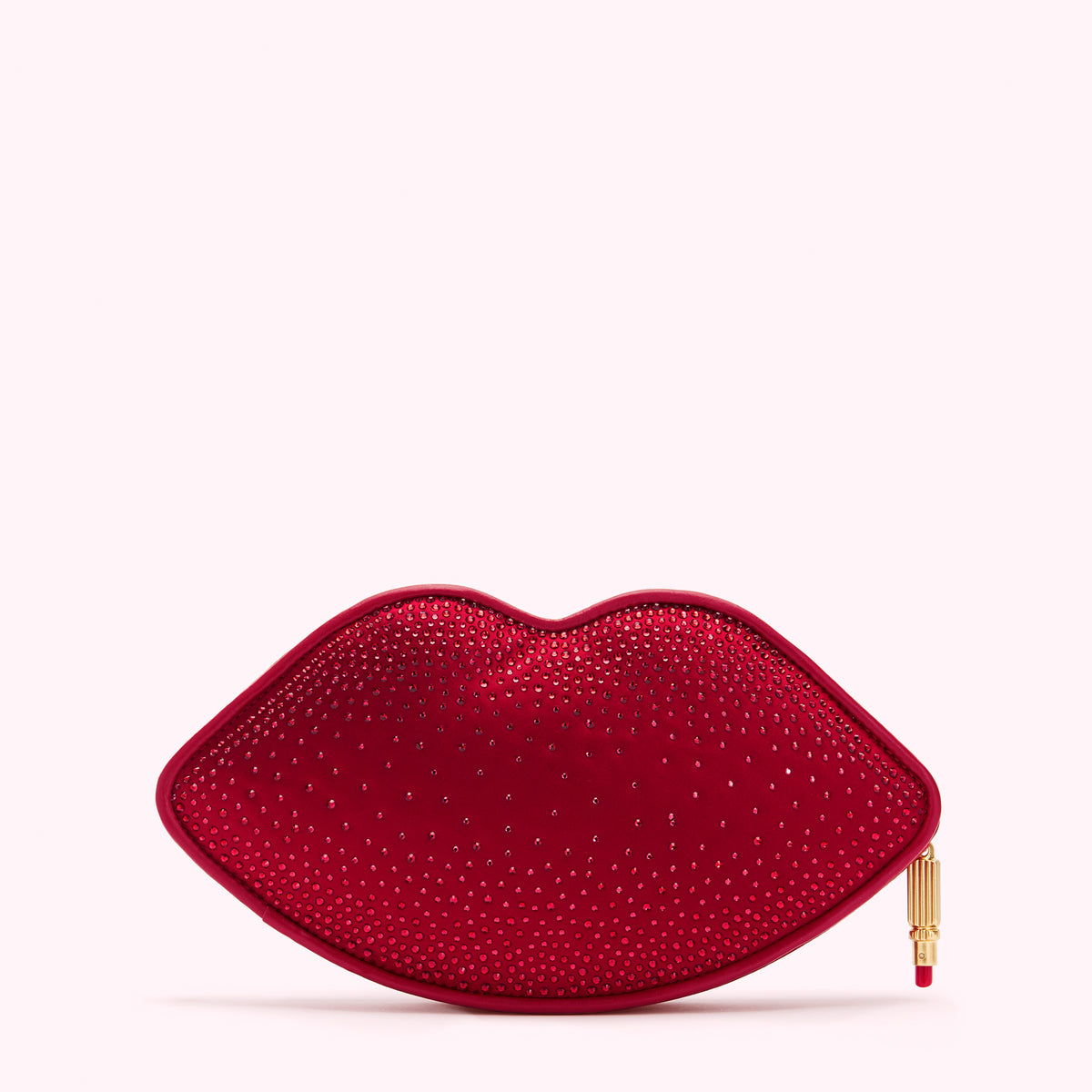 Red lips-shaped jeweled clutch.
