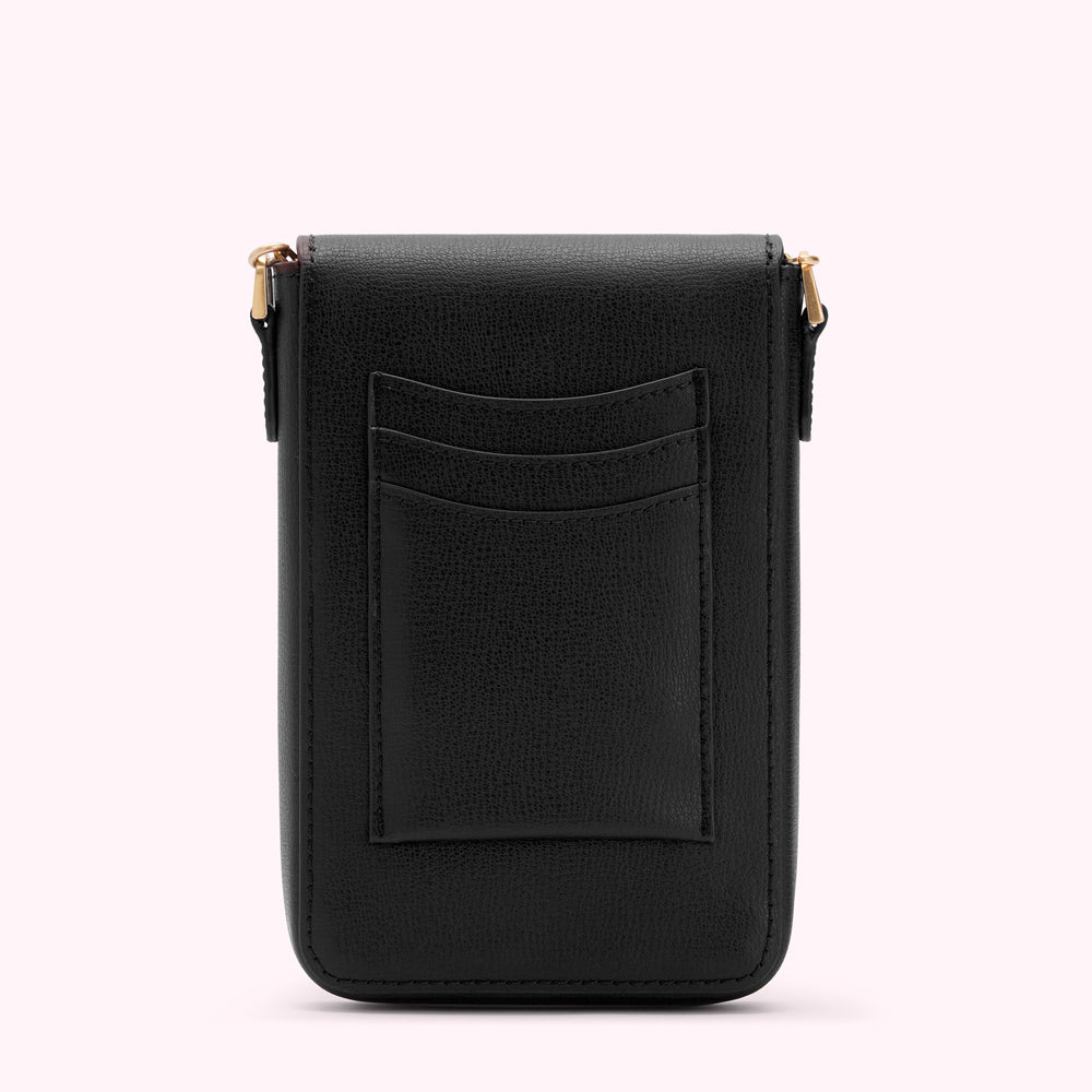 Black leather crossbody phone bag with gold hardware and multiple card slots.
