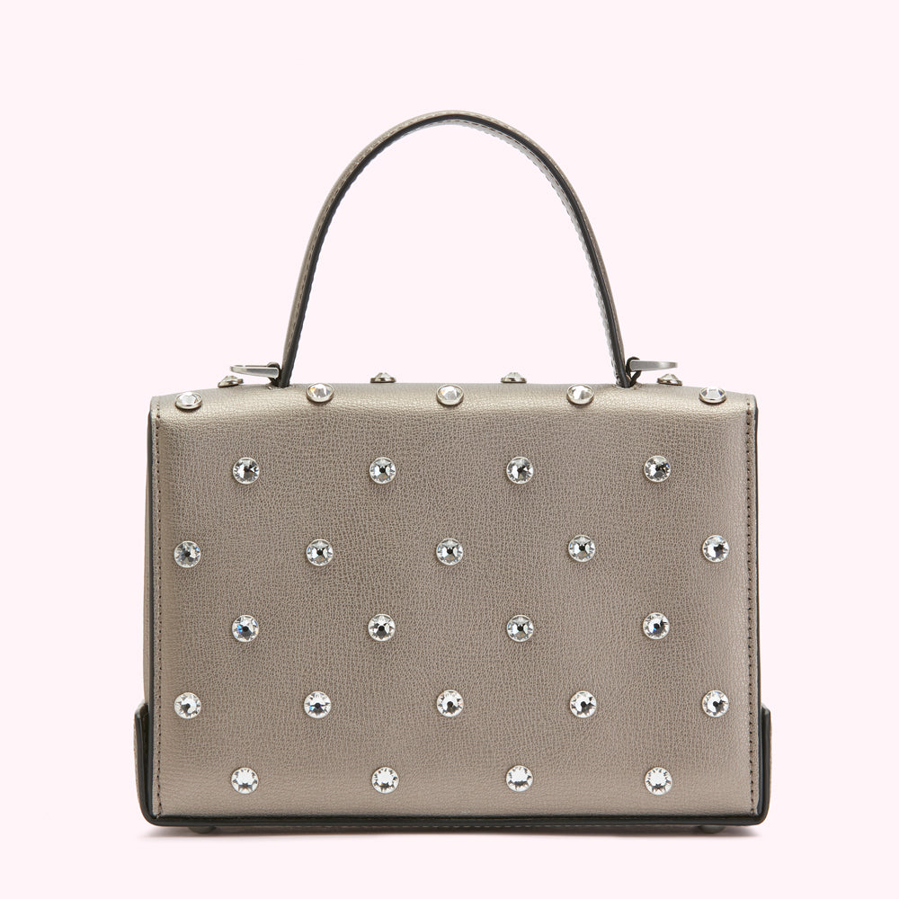 Silver handbag with crystals.