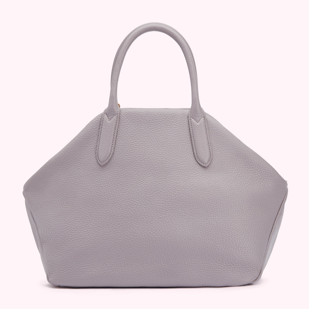 Light grey leather handbag with two top handles.
