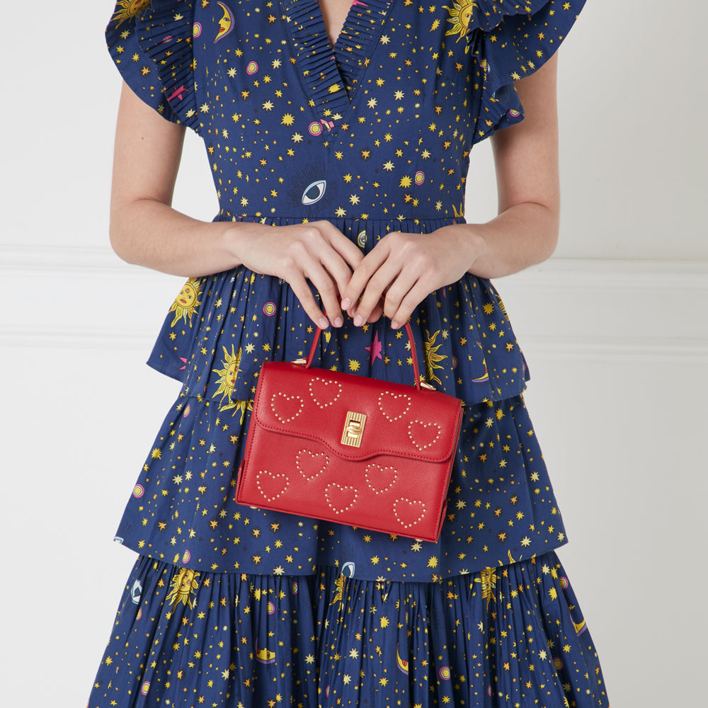 Lulu Red Heart Studded Lip Turnlock Queenie Handbag