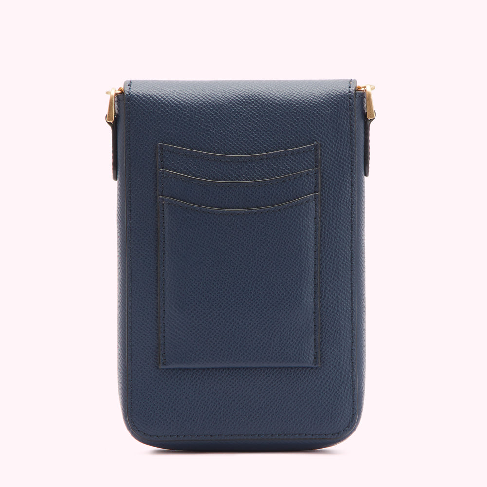 Dark blue leather phone case with gold accents and multiple card slots.
