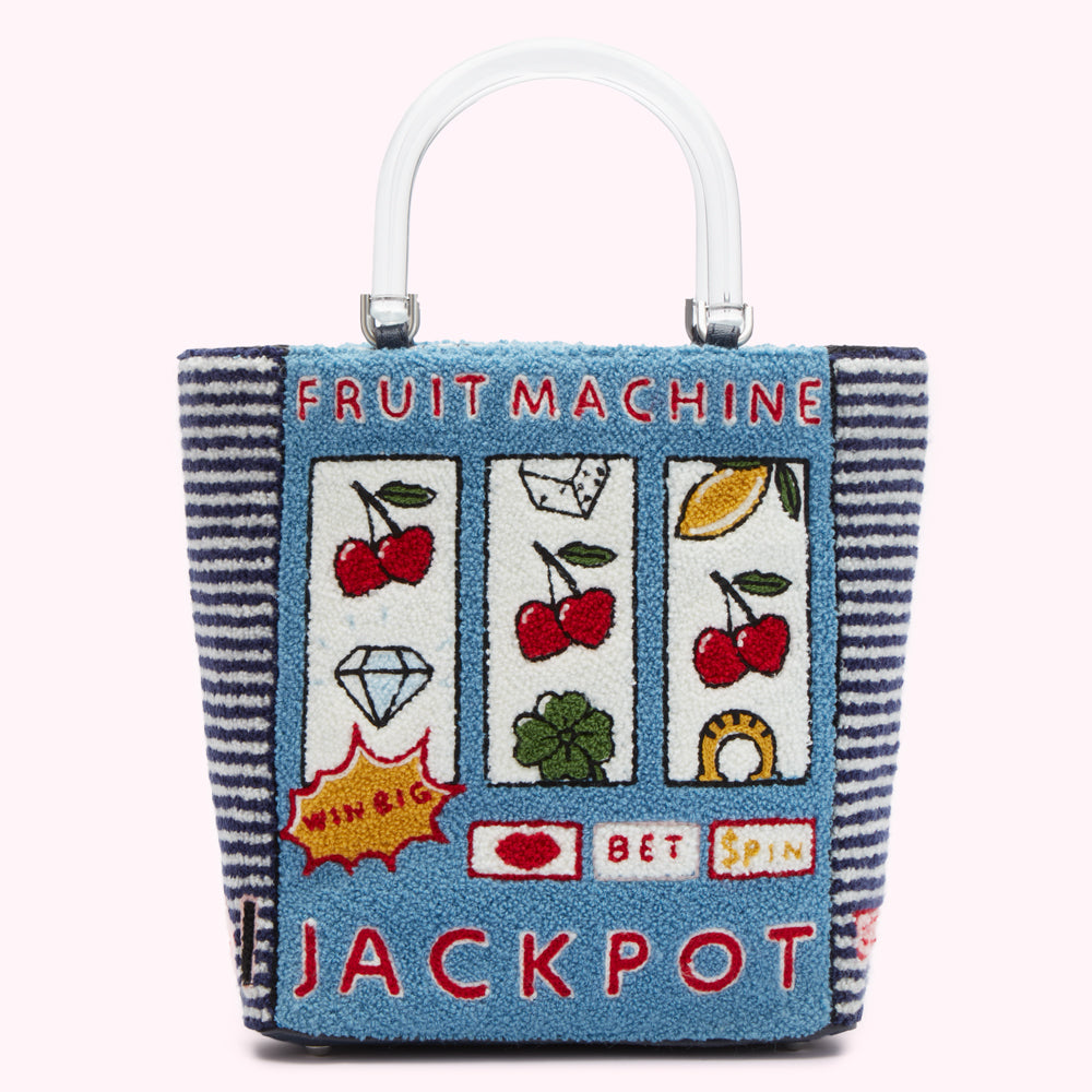 Blue and white striped tote bag with a fruit machine design embroidered on the front. The bag has a clear acrylic handle.