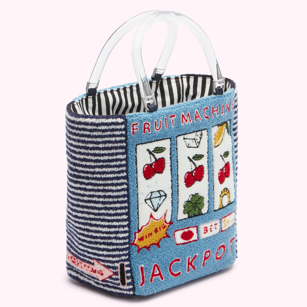 Blue and white striped tote bag with a fruit machine design. The bag has clear handles.
