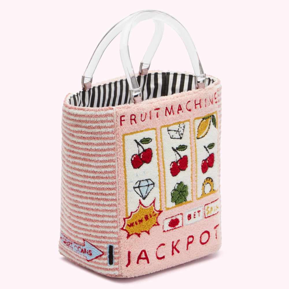 Pink and white striped tote bag with embroidered fruit machine design and clear handles.
