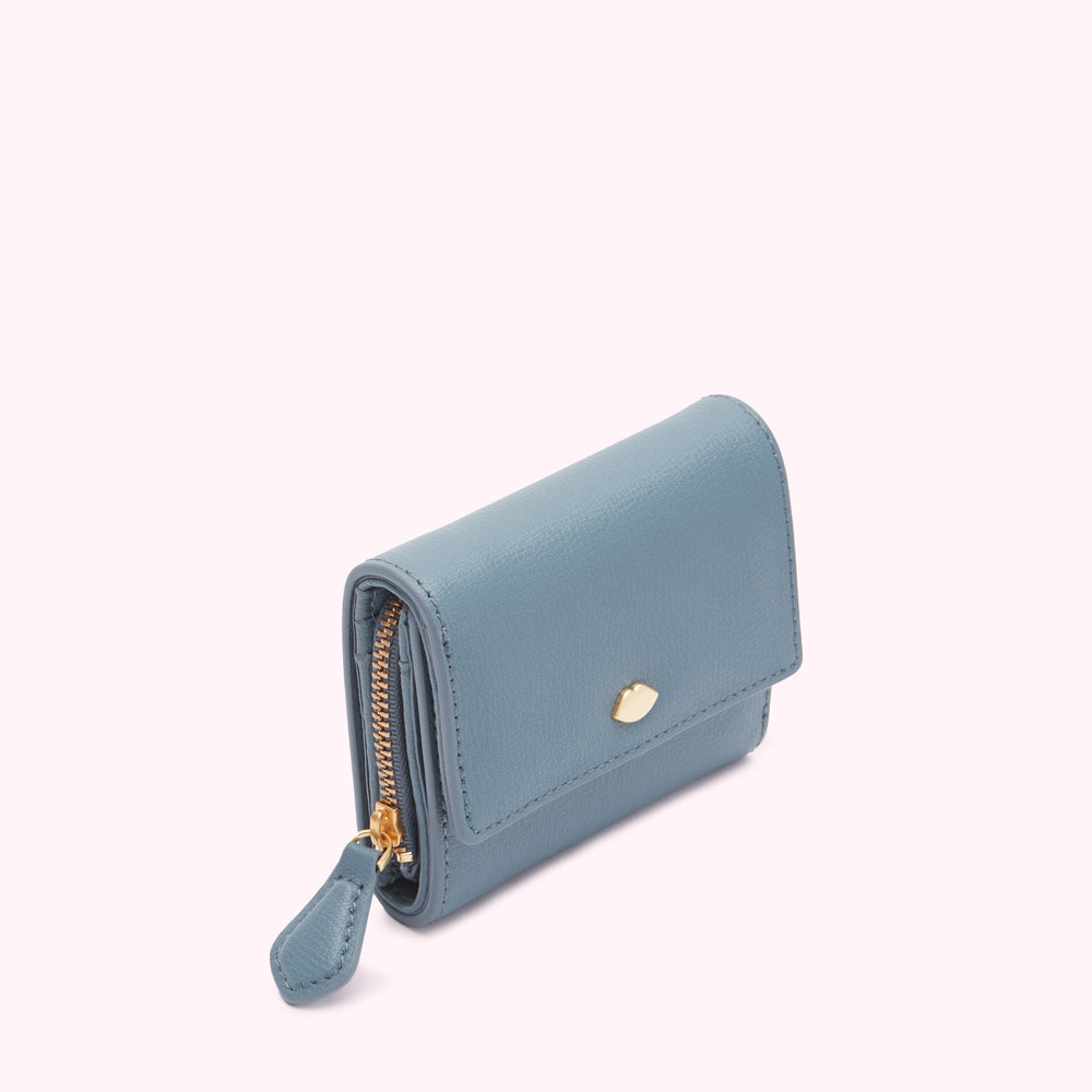 A blue leather wallet with a gold zipper and clasp.
