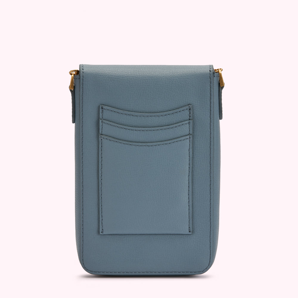 Blue leather crossbody phone bag with card slots.
