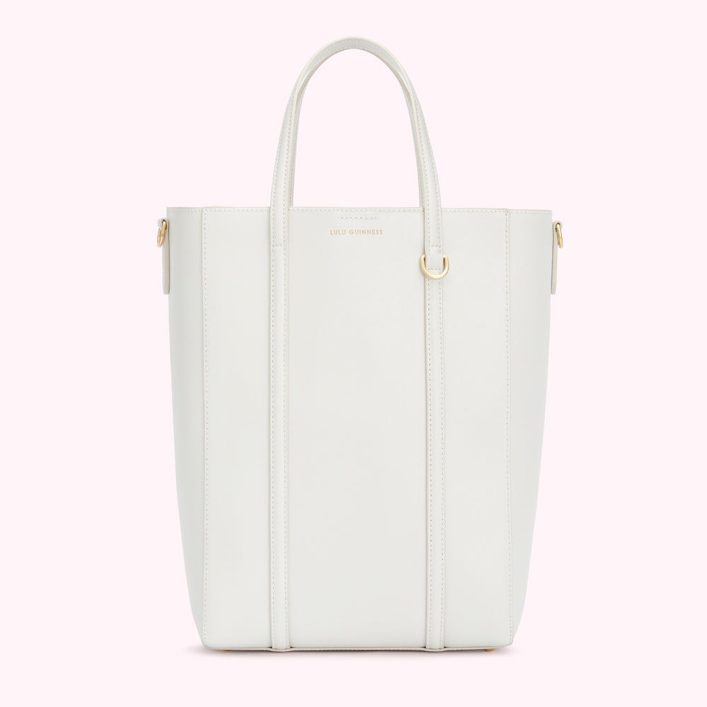 Off-white Lulu Guinness tote bag with gold-tone hardware and shoulder strap.
