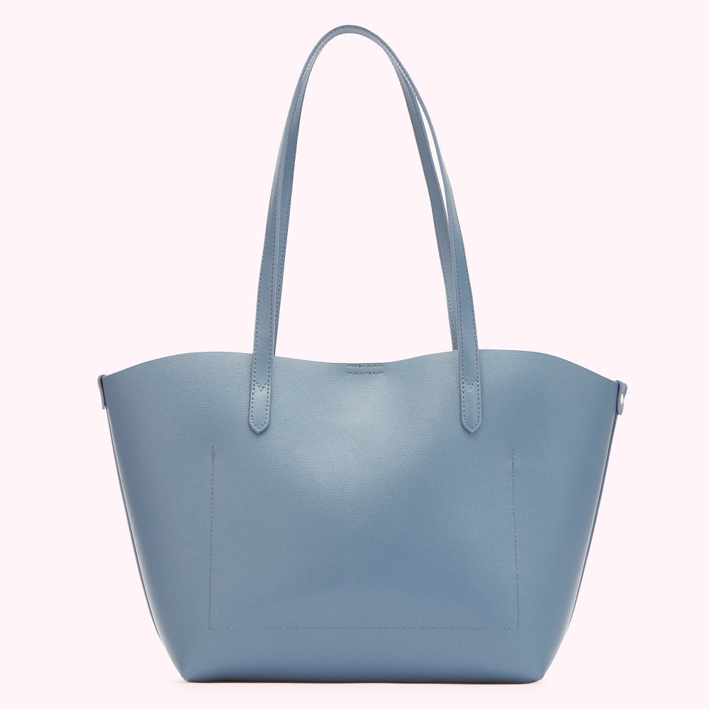 Dusty blue tote bag.
