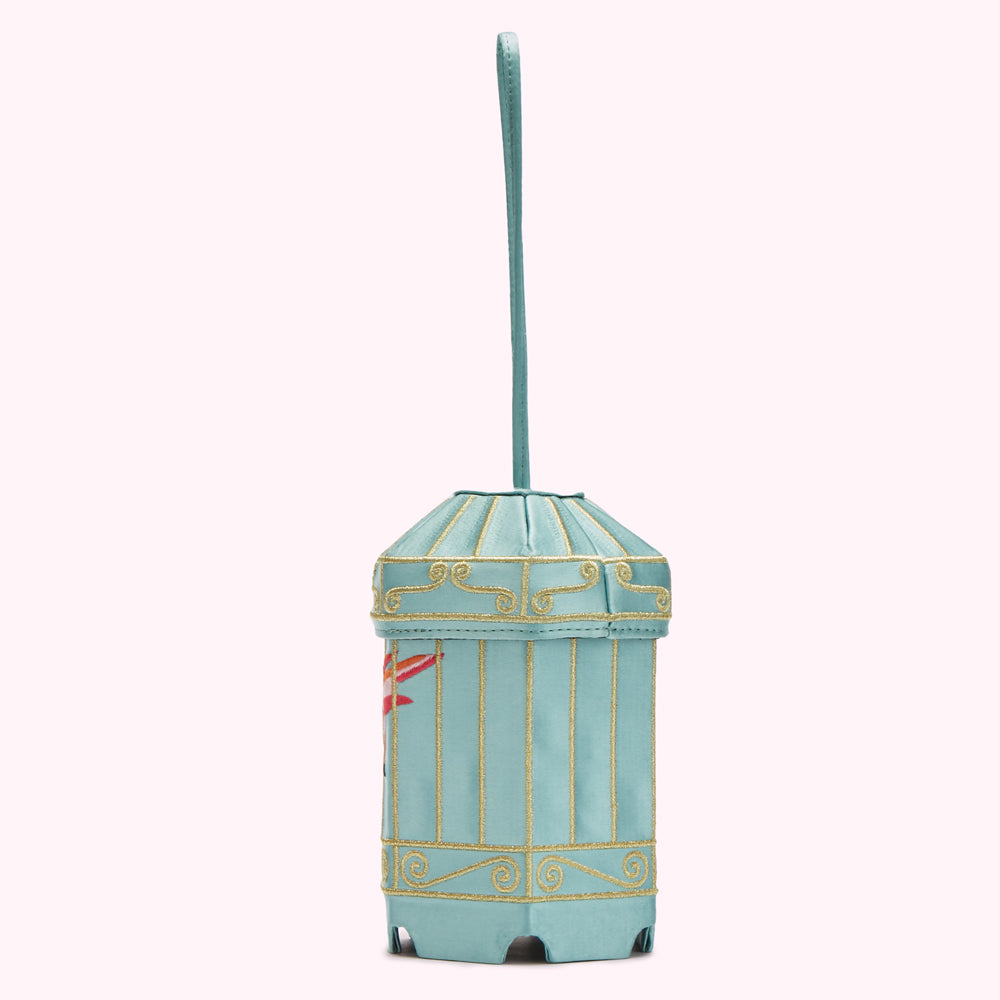 Side view of a light blue birdcage-shaped handbag with gold detailing and a long satin strap.