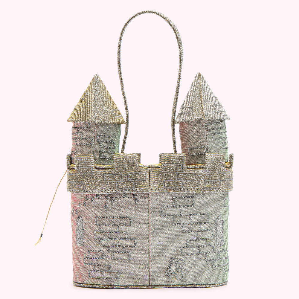 A silver embroidered handbag shaped like a castle, against a white background.