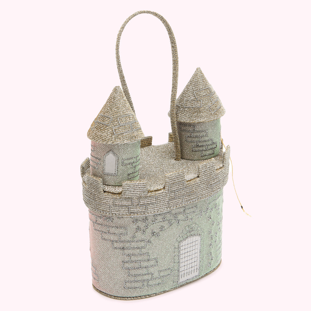 Silver castle-shaped handbag with a white background.
