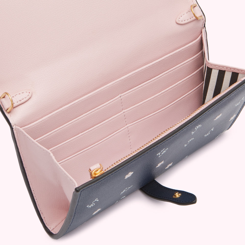 Open navy blue and pink floral print leather crossbody wallet with multiple card slots and a zipper closure.