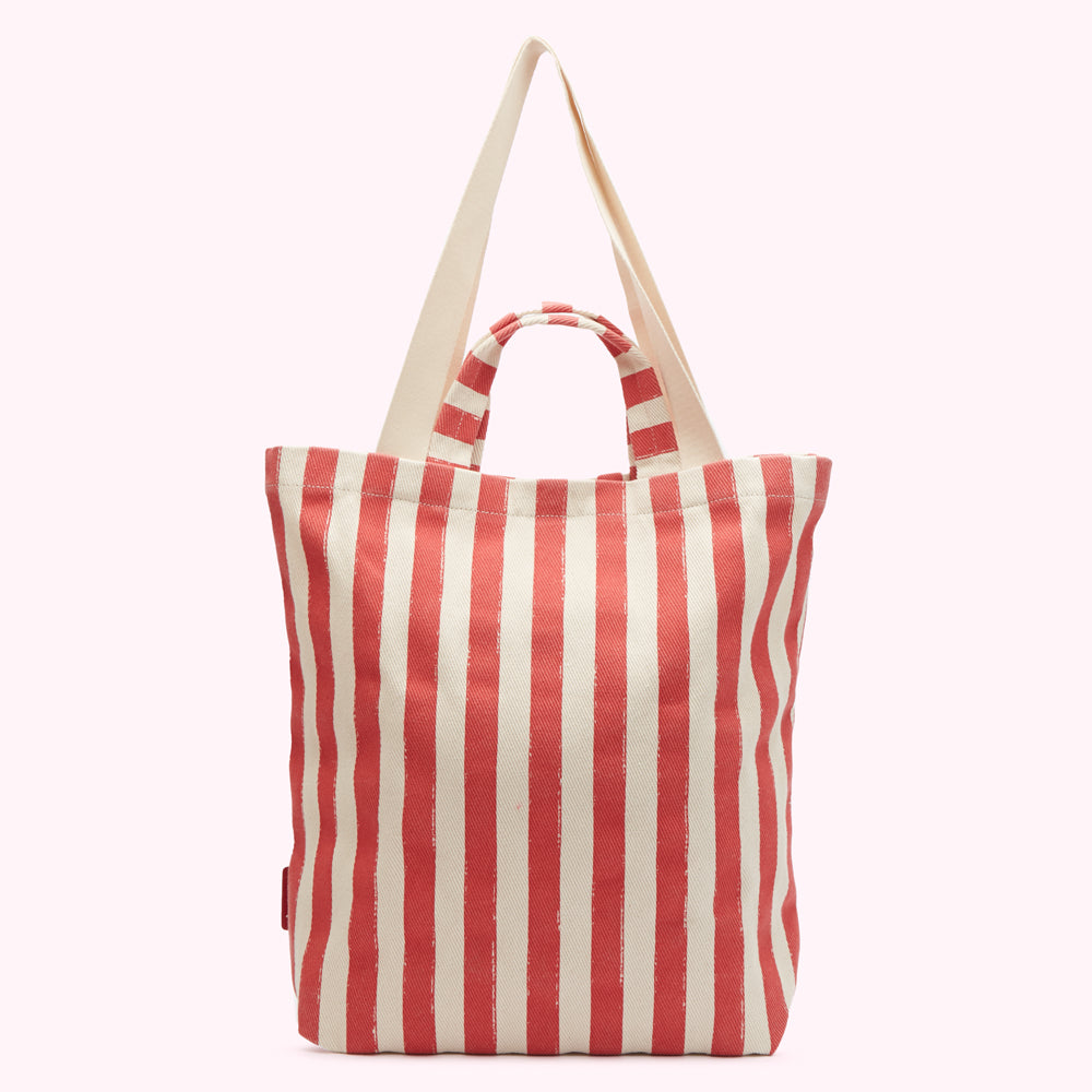 Red and cream striped tote bag.
