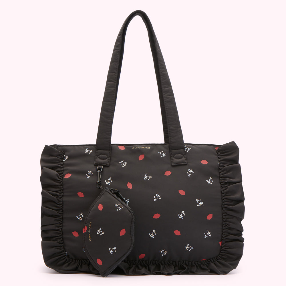 BLACK LG PRINT RUFFLES MIA TOTE BAG WITH POUCH