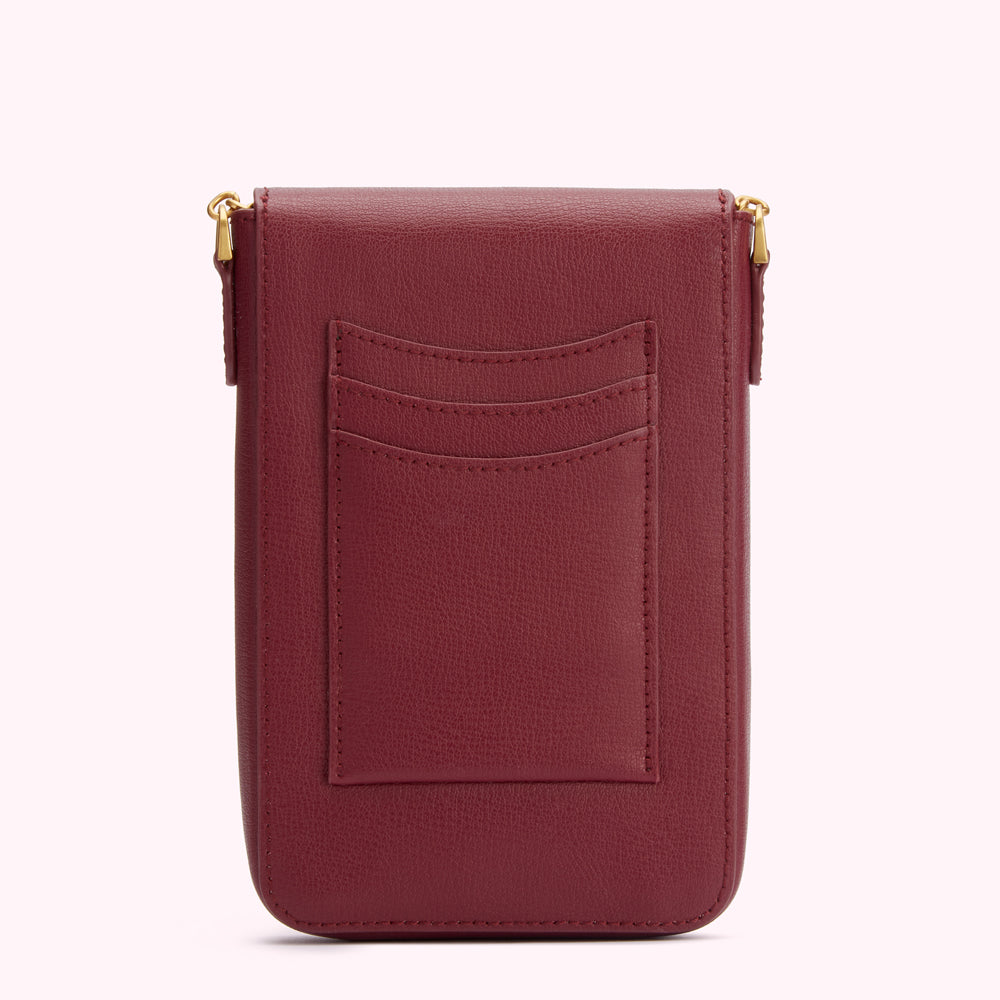 Burgundy leather crossbody bag with gold hardware and multiple card slots.
