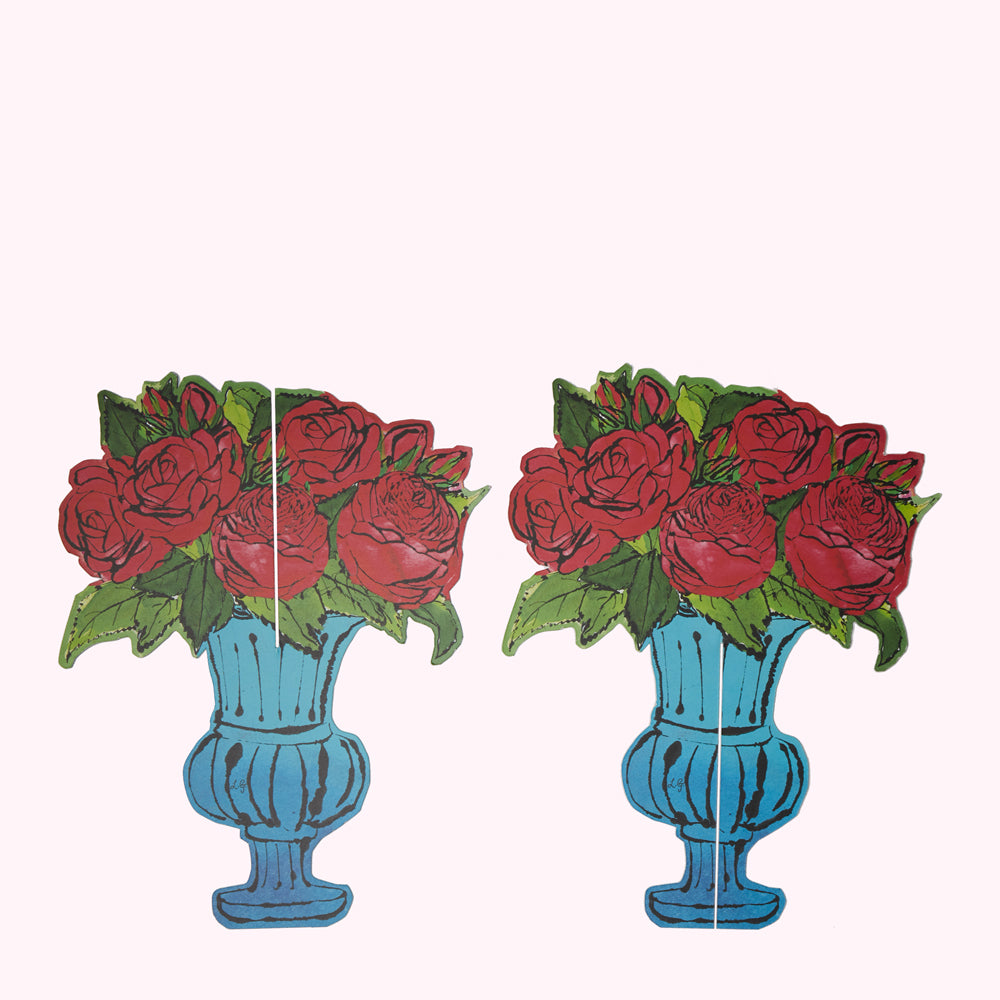 Two identical illustrations of red roses in a teal urn, set against a white background.