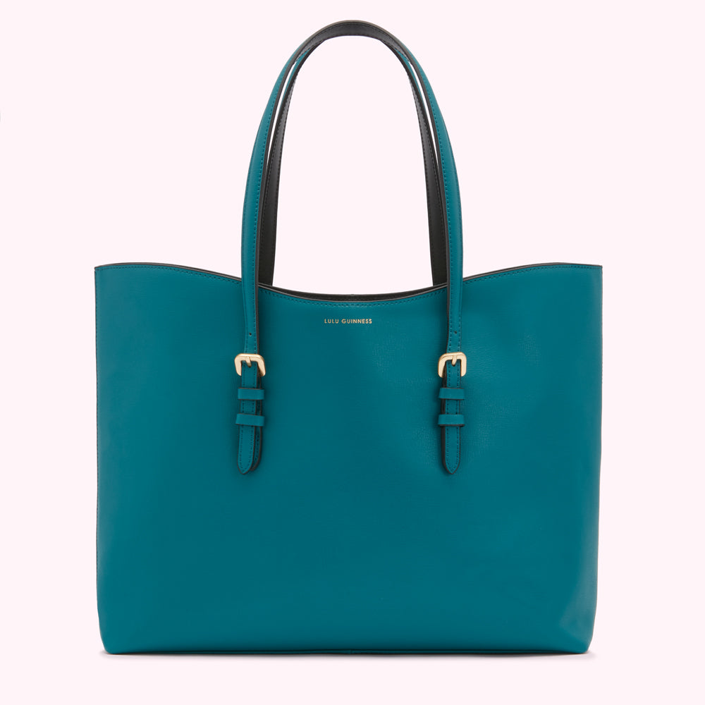 Teal Lulu Guinness tote bag with black handles and gold buckles.
