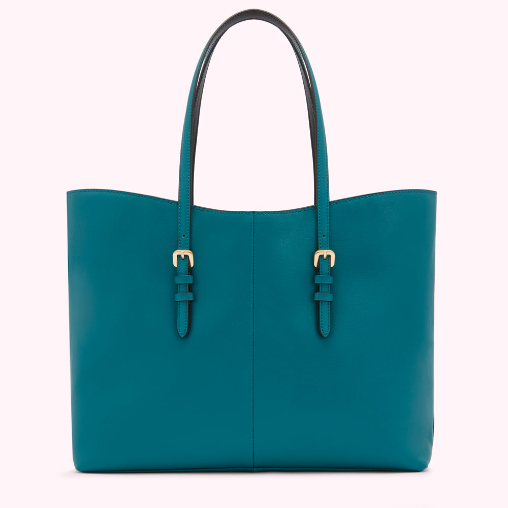 Teal leather tote bag with black handles and gold buckles.
