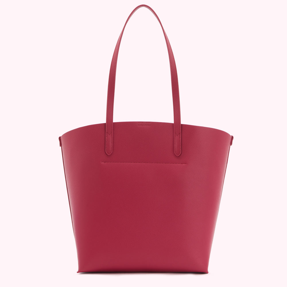 Crimson red tote bag with long handles, shown from the back.
