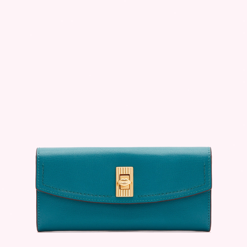 Teal leather wallet with gold clasp.
