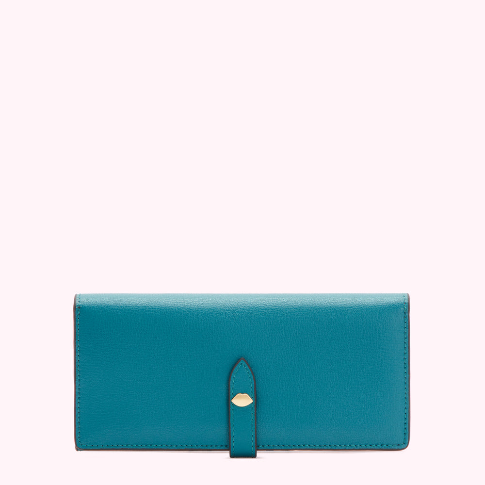 Teal leather wallet with gold clasp.

