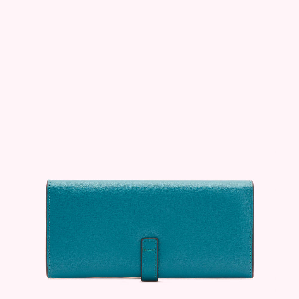 Teal leather wallet on white background.
