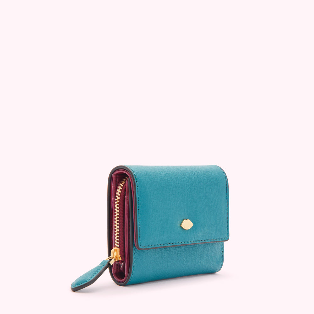 Teal leather wallet with a burgundy zipper and gold lip detail against a white background.
