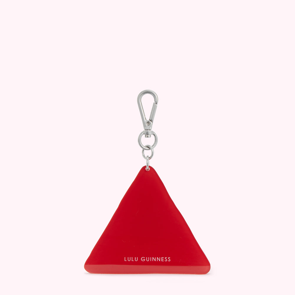Red triangle-shaped Lulu Guinness keyring with silver clasp.
