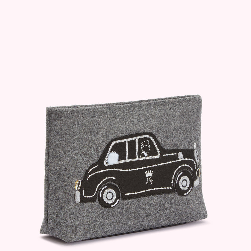 Grey felt clutch with embroidered black cab design.