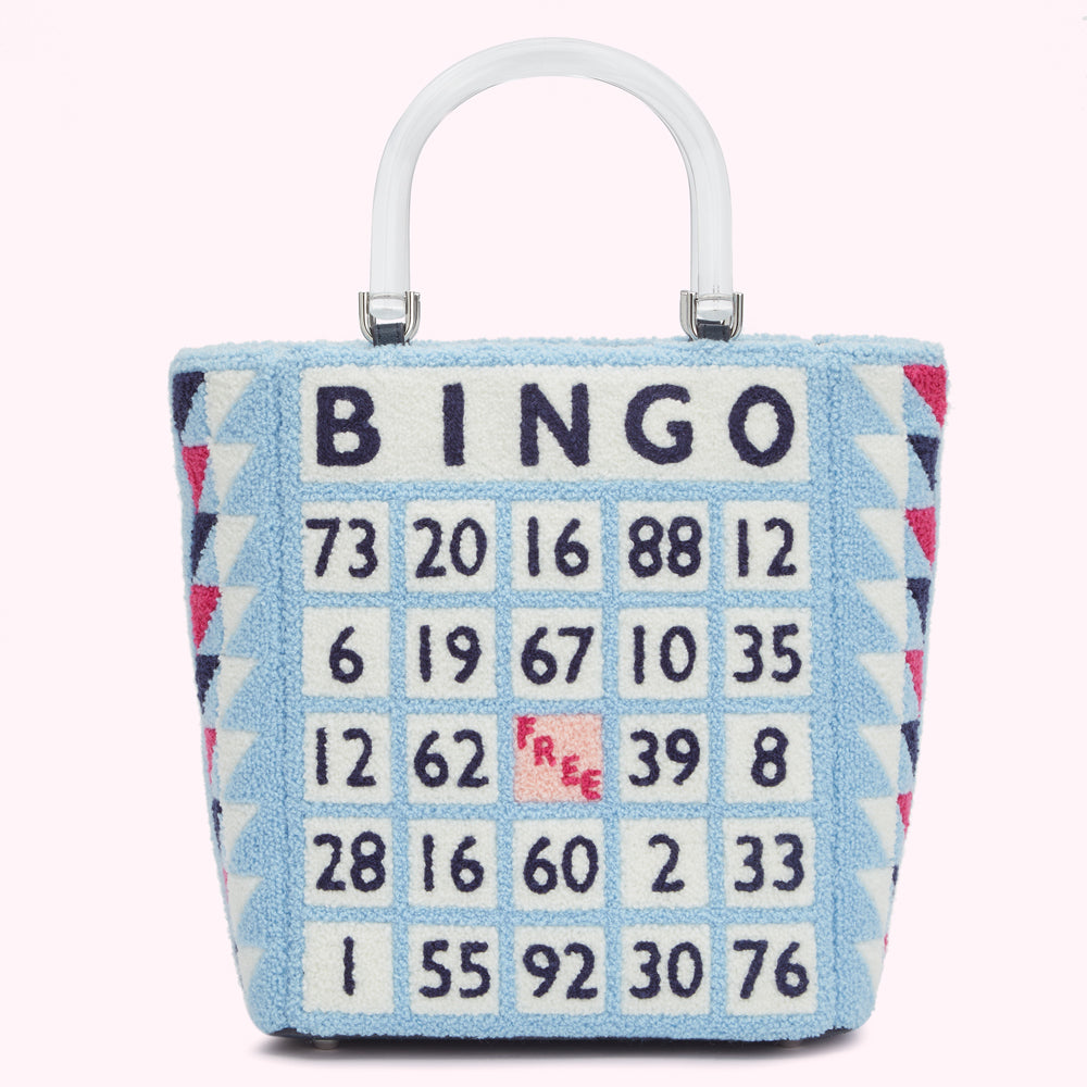 Light blue tote bag with a bingo card design and clear handles.