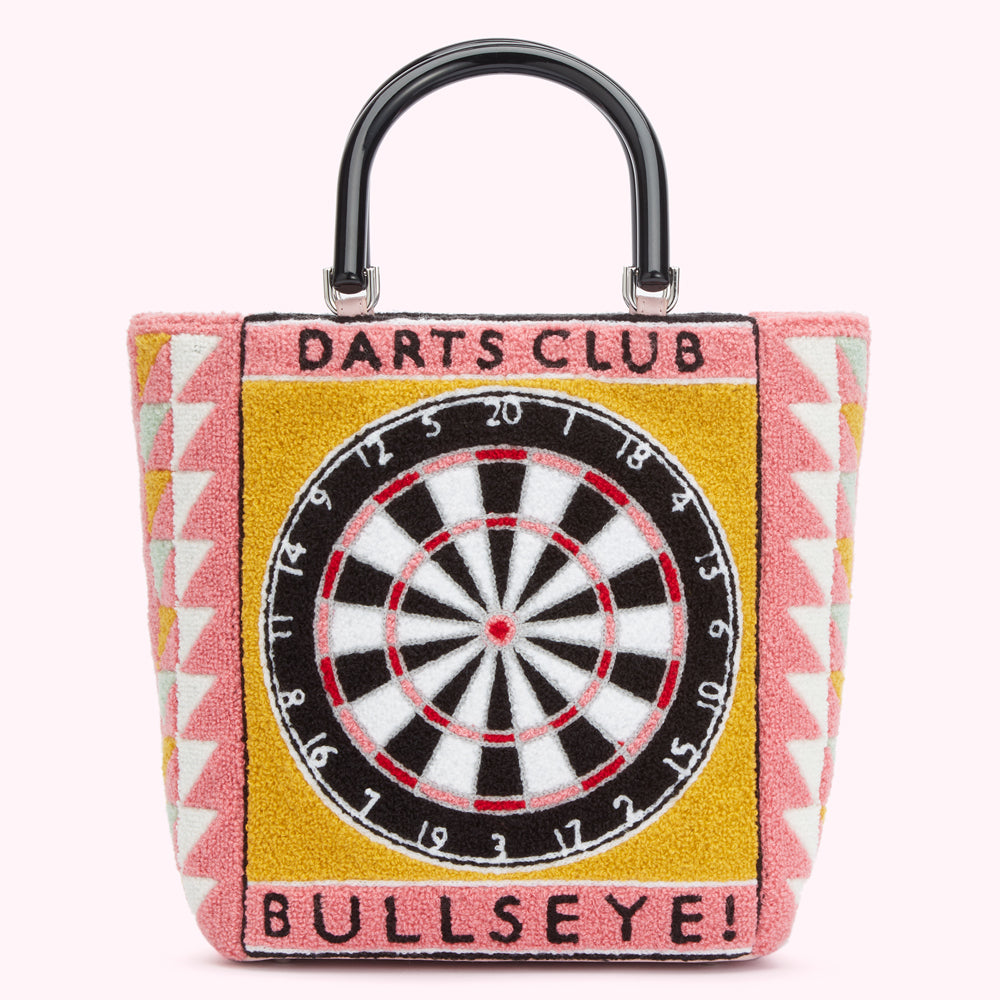 Pink and mustard yellow tote bag with a dartboard design, black handle; text reads "Darts Club" and "Bullseye!"