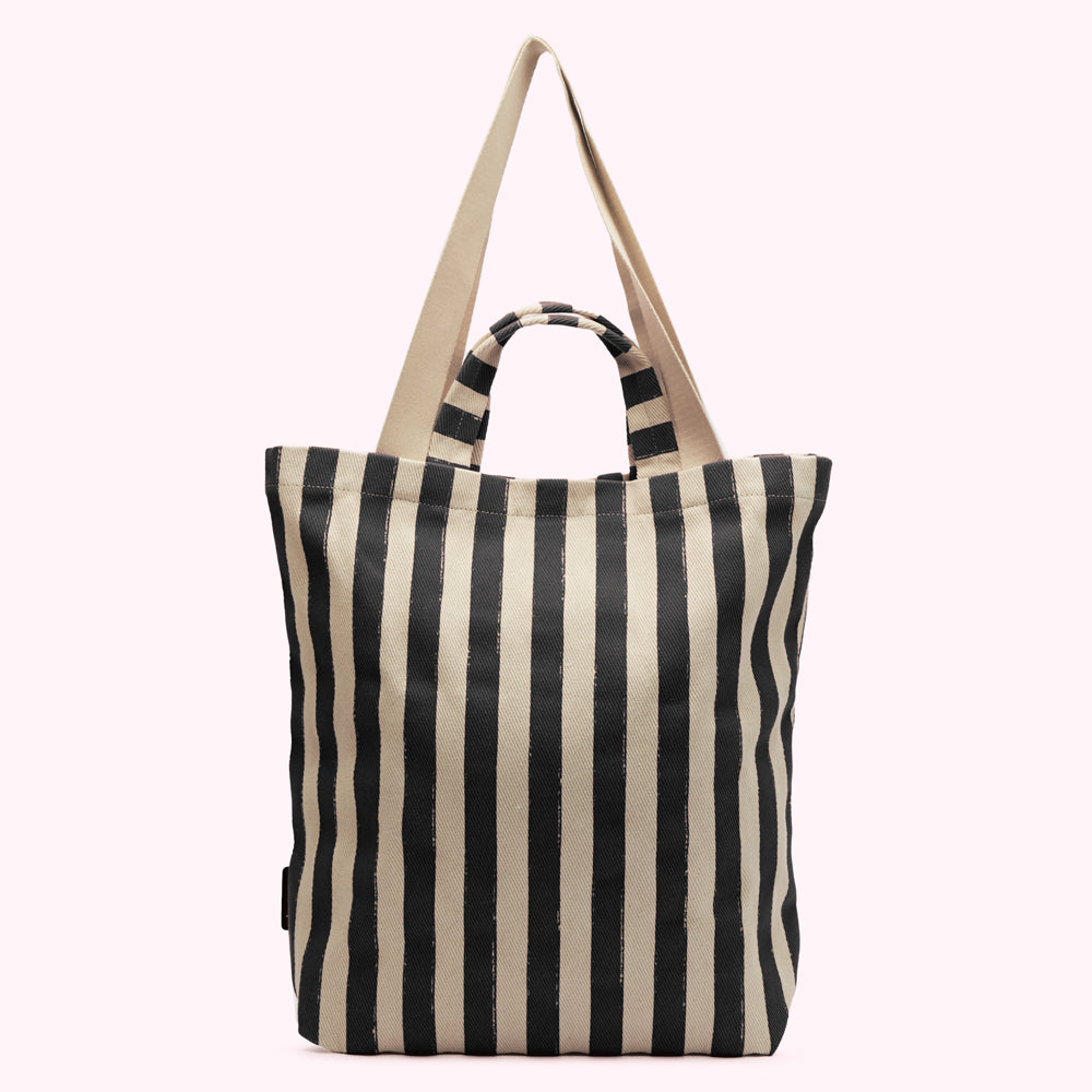 Beige and black striped tote bag with two handles.
