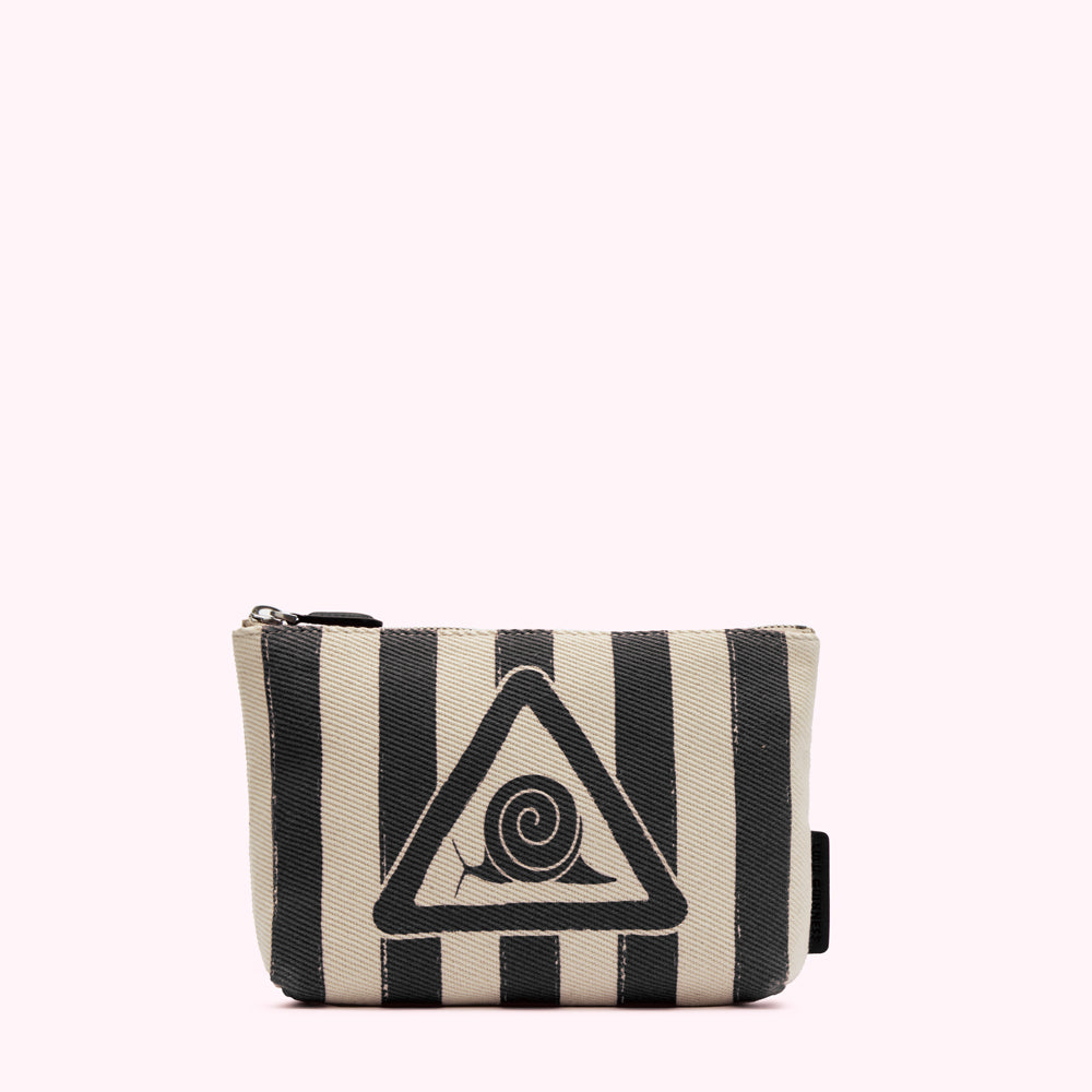 Black and cream striped makeup bag with a snail in a triangle warning sign.
