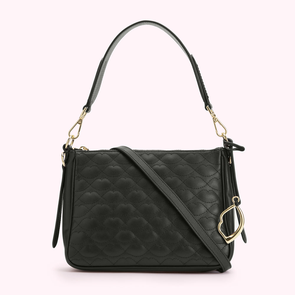 Black quilted shoulder bag with gold-toned hardware.