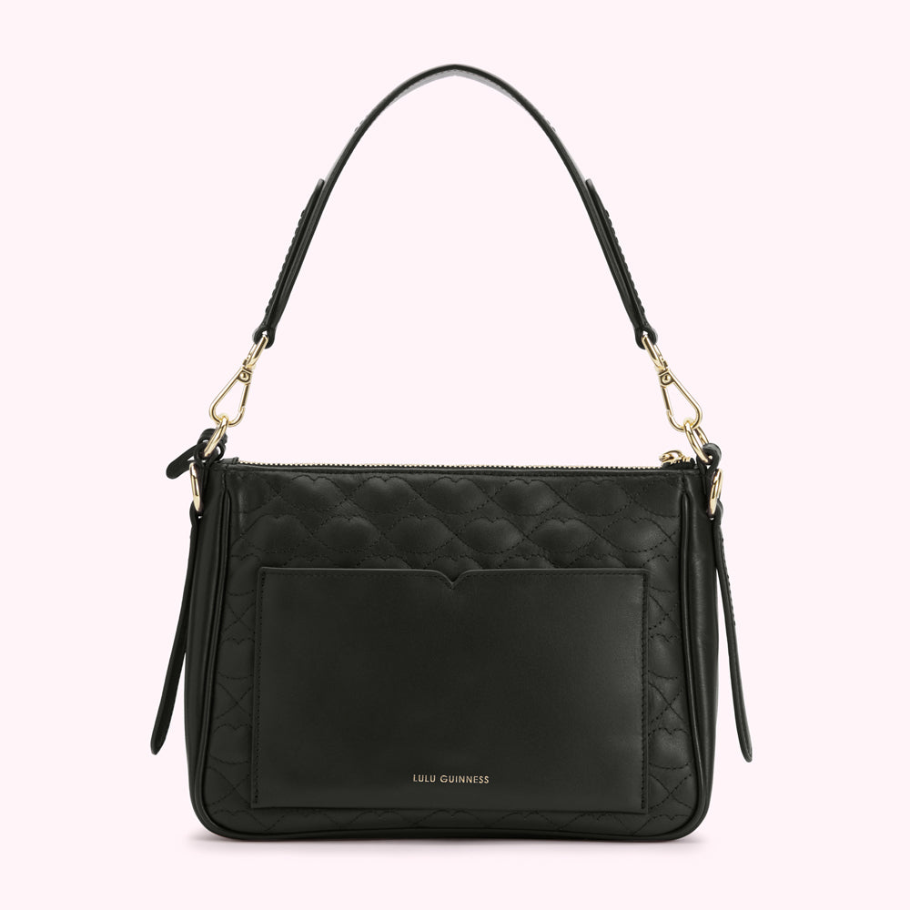 Black quilted Lulu Guinness shoulder bag with gold hardware.