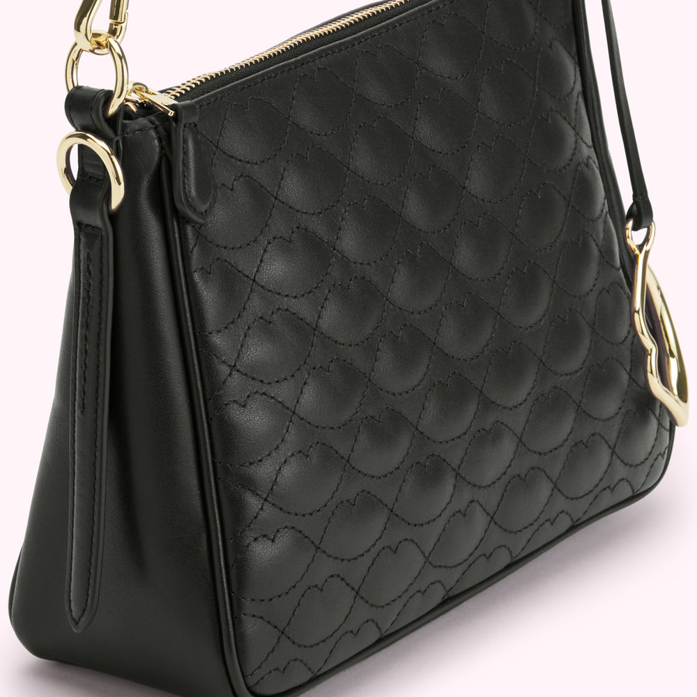 Black quilted leather crossbody bag with gold-tone hardware.
