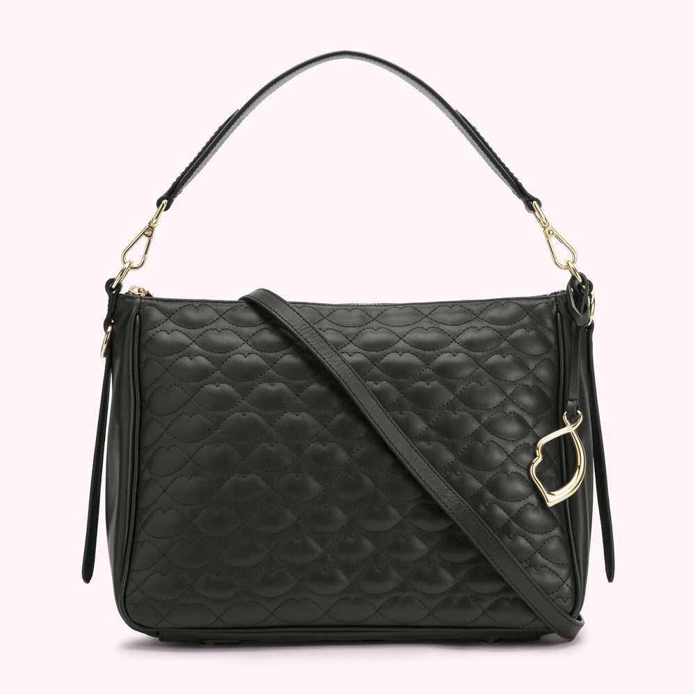 Black quilted leather shoulder bag with gold-tone hardware.