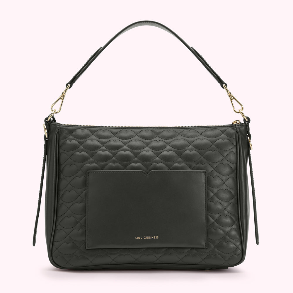 A black quilted handbag with a gold chain strap and the Lulu Guinness logo on the front. The background is white.