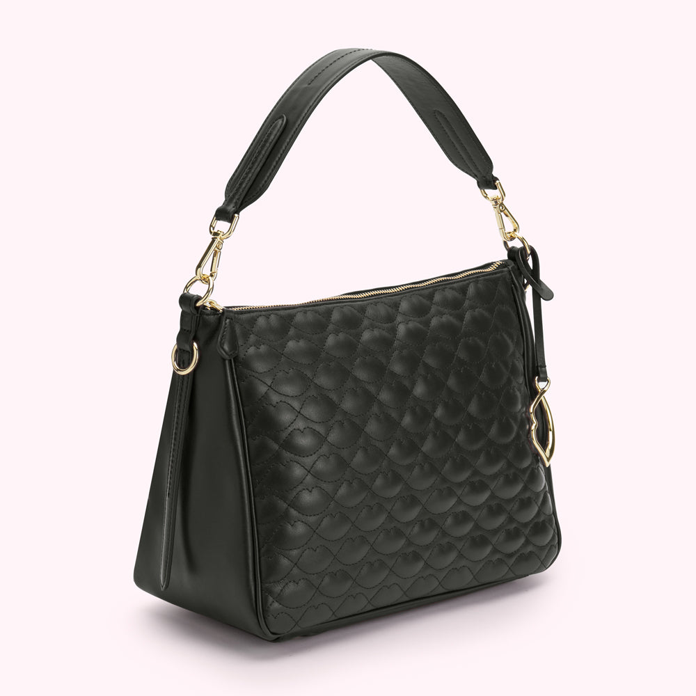 Black quilted hobo bag with gold accents.
