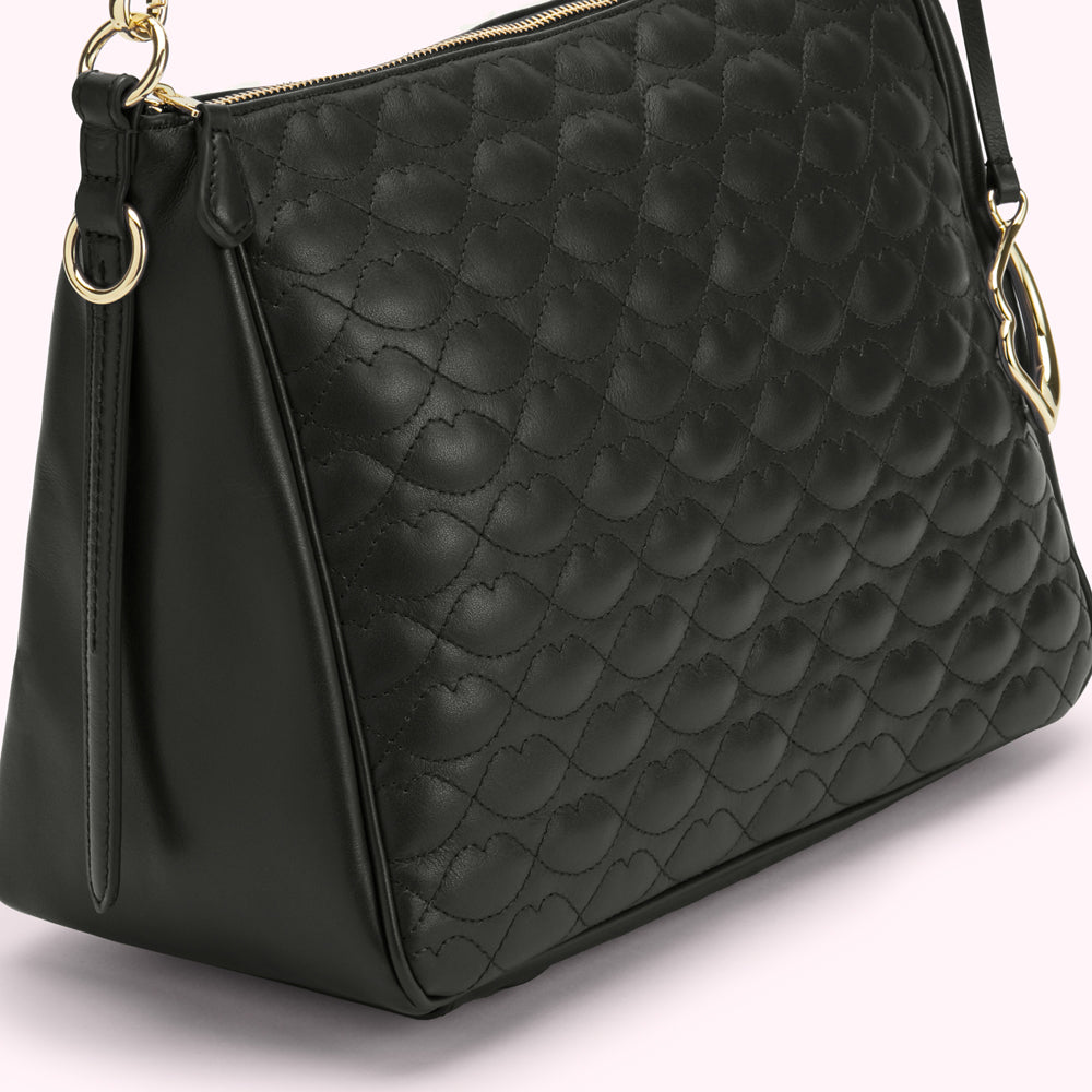 Black quilted leather shoulder bag with gold-toned hardware.
