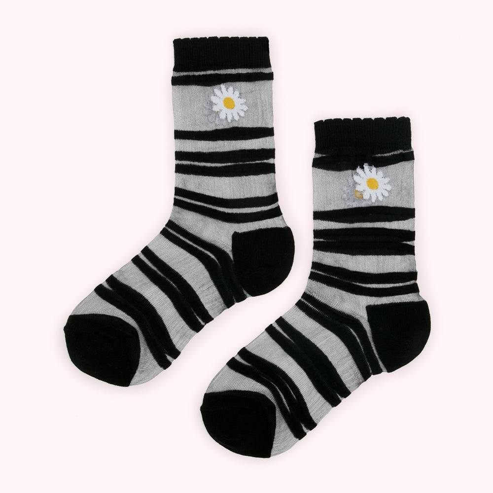 BLACK SHEER STRIPE DAISY ANKLE SOCKS