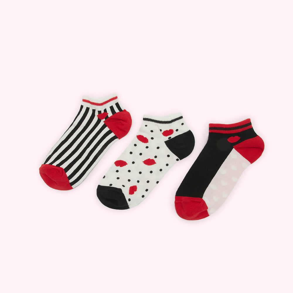 POLKA DOT STRIPE LIPS TRAINER SOCKS 3 PAIRS