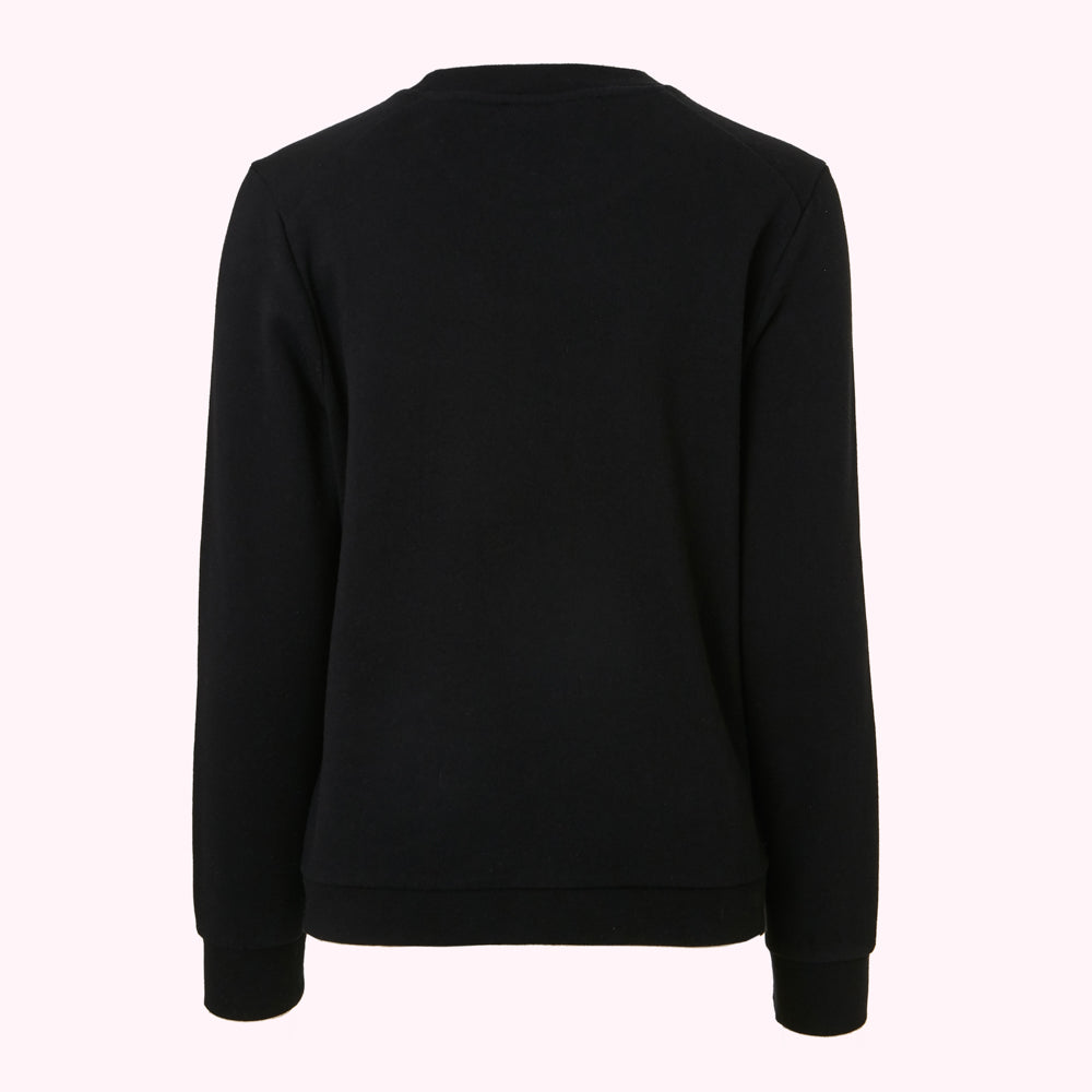Back view of a plain black crewneck sweatshirt on a white background.
