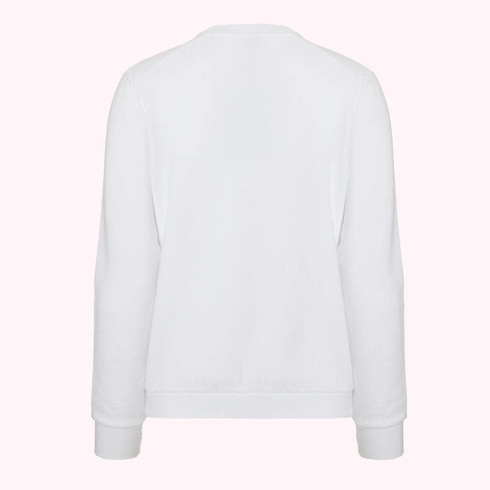 Back view of a plain white crewneck sweatshirt against a white background.

