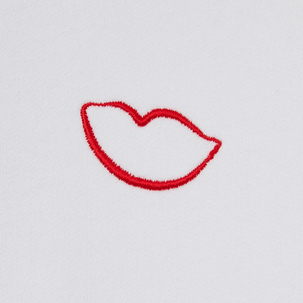 Red lips embroidered on a white background.
